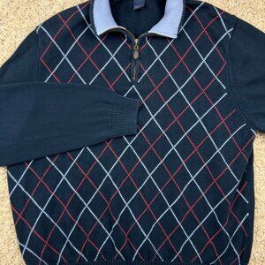 Brooks Brothers 346 Sweater Mens Large Blue Pullover Multicolor 1/4 Zip Diamond